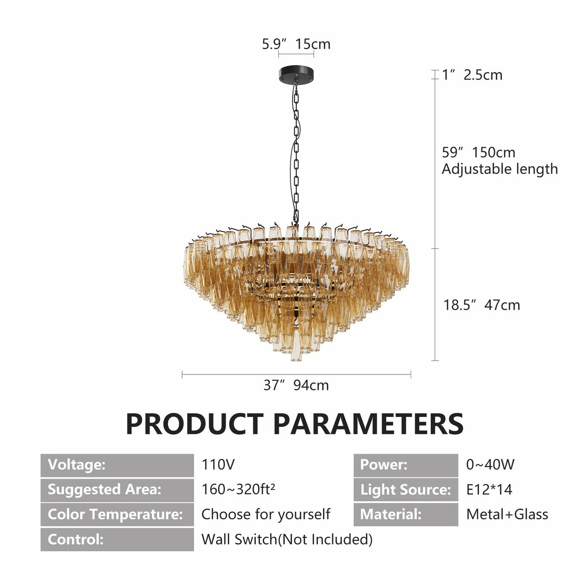 Modern Round 14-Light Black Chandelier with Smoke Glass Tubes
