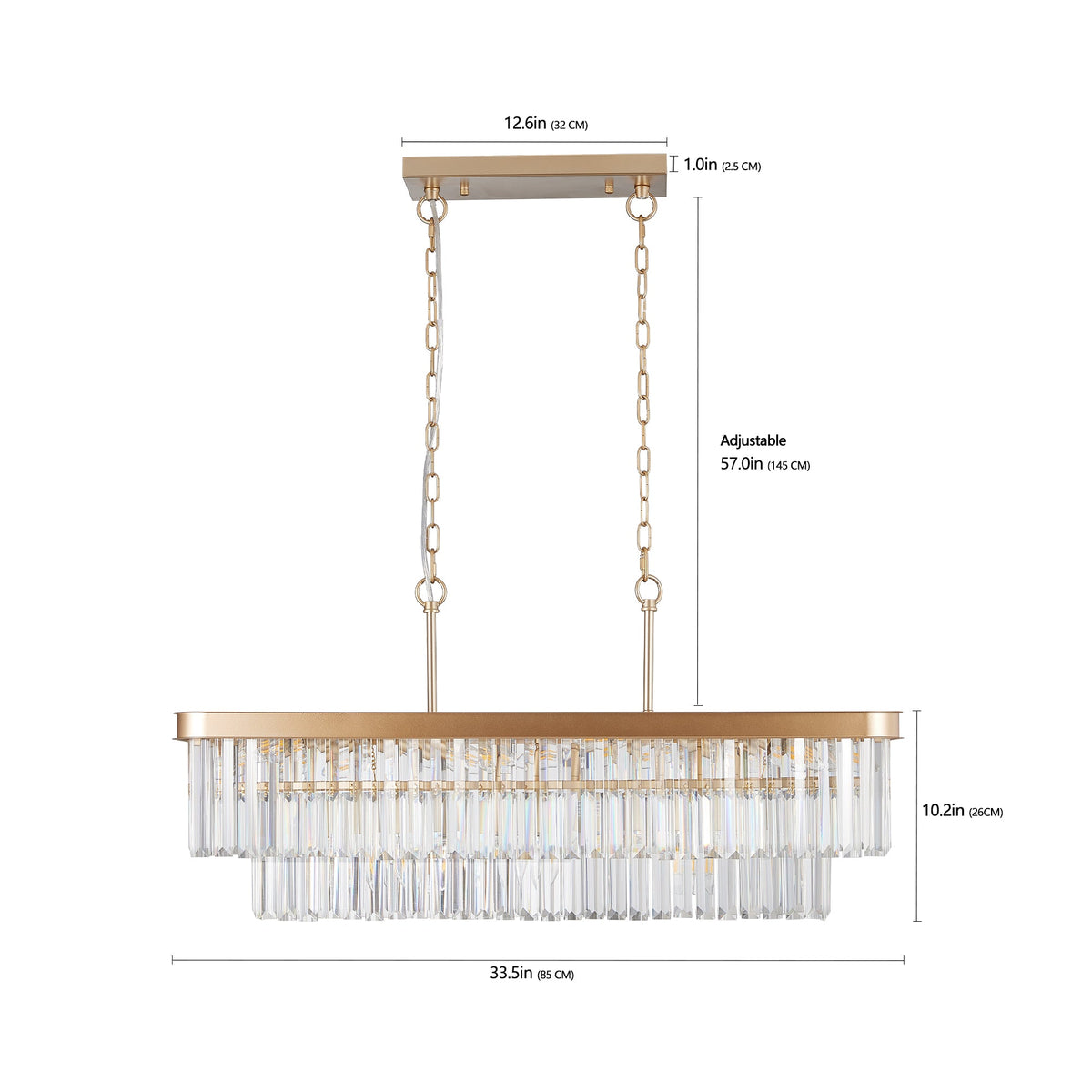 Rectangular Crystal Chandelier with Adjustable Height - Gold