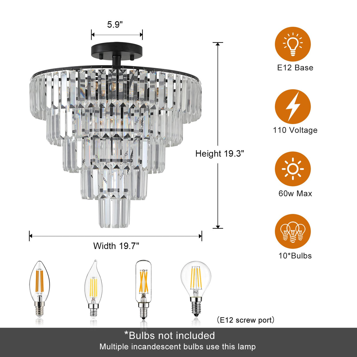 20-Inch Black Crystal Chandelier with K9 Crystals - Modern Flush Mount - Black