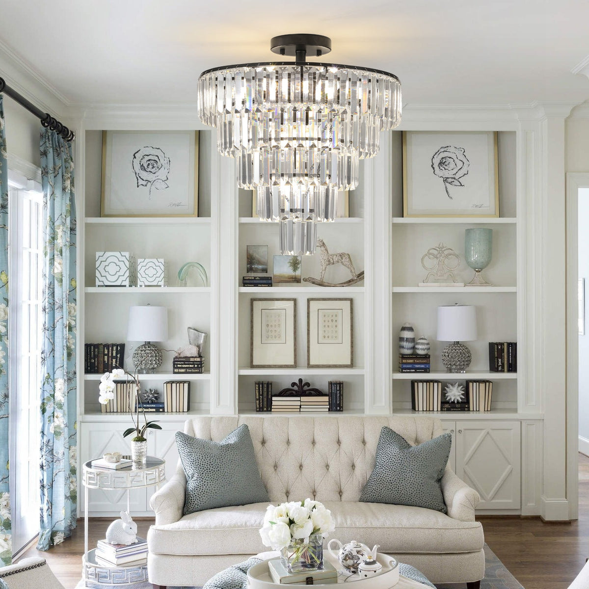 20-Inch Black Crystal Chandelier with K9 Crystals - Modern Flush Mount - Black