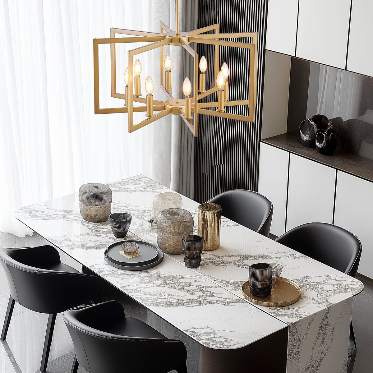 Modern Golden Geometric 8-Light Chandelier with Adjustable Suspension - Gold