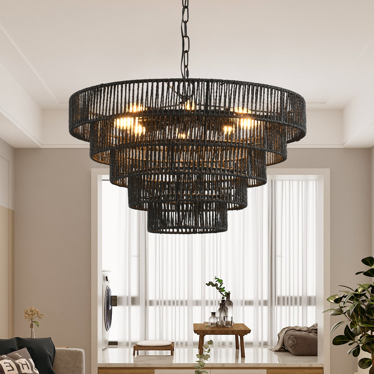 Rustic 5-Tier Hemp Rope Chandelier with 8 Lights - Black