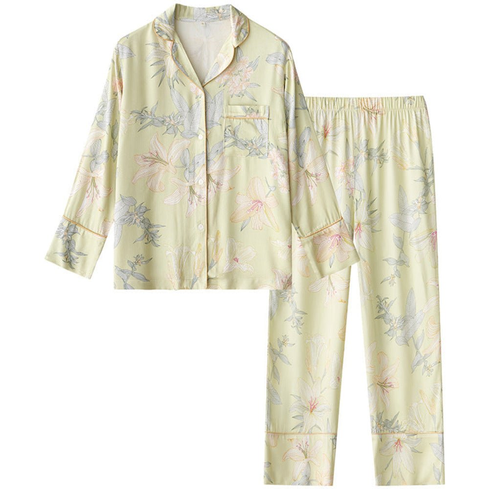 Lillian Lapel Collar & Button Front Floral Pajama Set / Long-Sleeve & Long-Pant