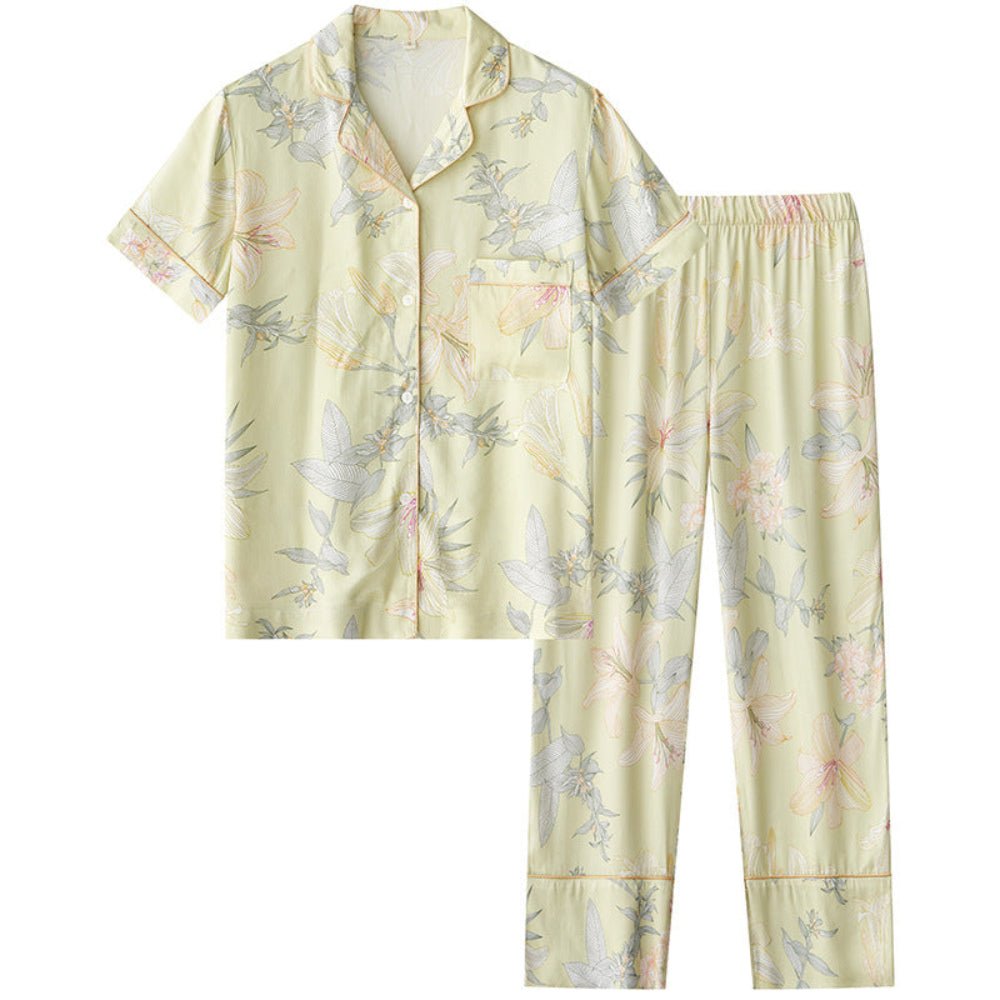 Lillian Lapel Collar & Button Front Floral Pajama Set / Long-Sleeve & Long-Pant