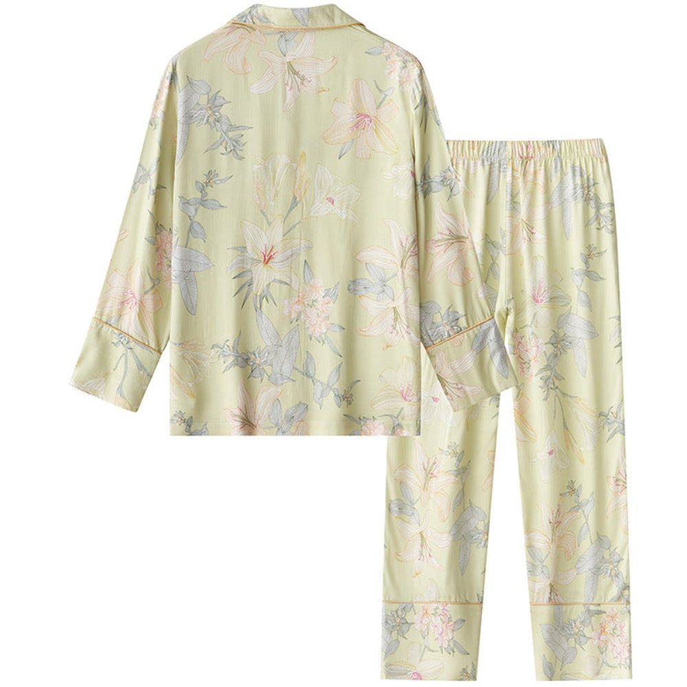 Lillian Lapel Collar & Button Front Floral Pajama Set / Long-Sleeve & Long-Pant