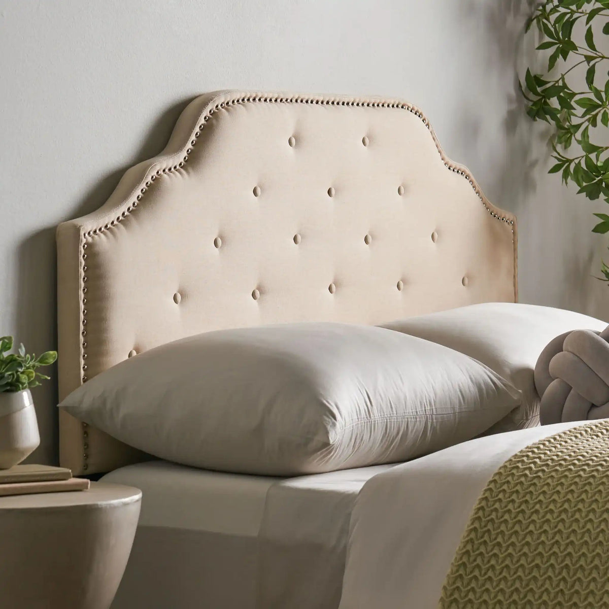Luella Button Tufted Upholstered Headboard with Fabric Finish – Queen, Beige, Gray, Dark Gray
