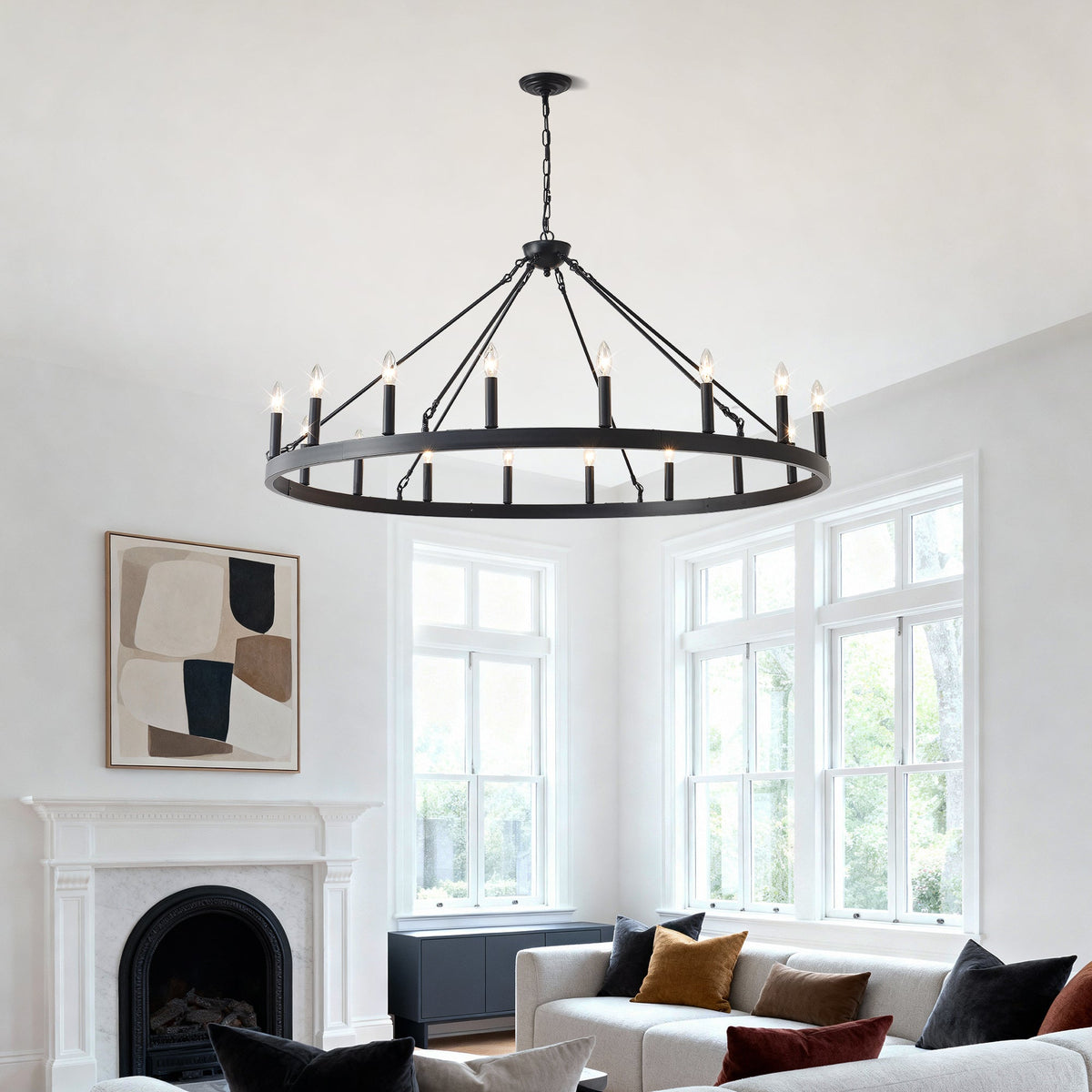 Matte Black Wagon Wheel Chandelier with 18 Lights – 53.15-Inch