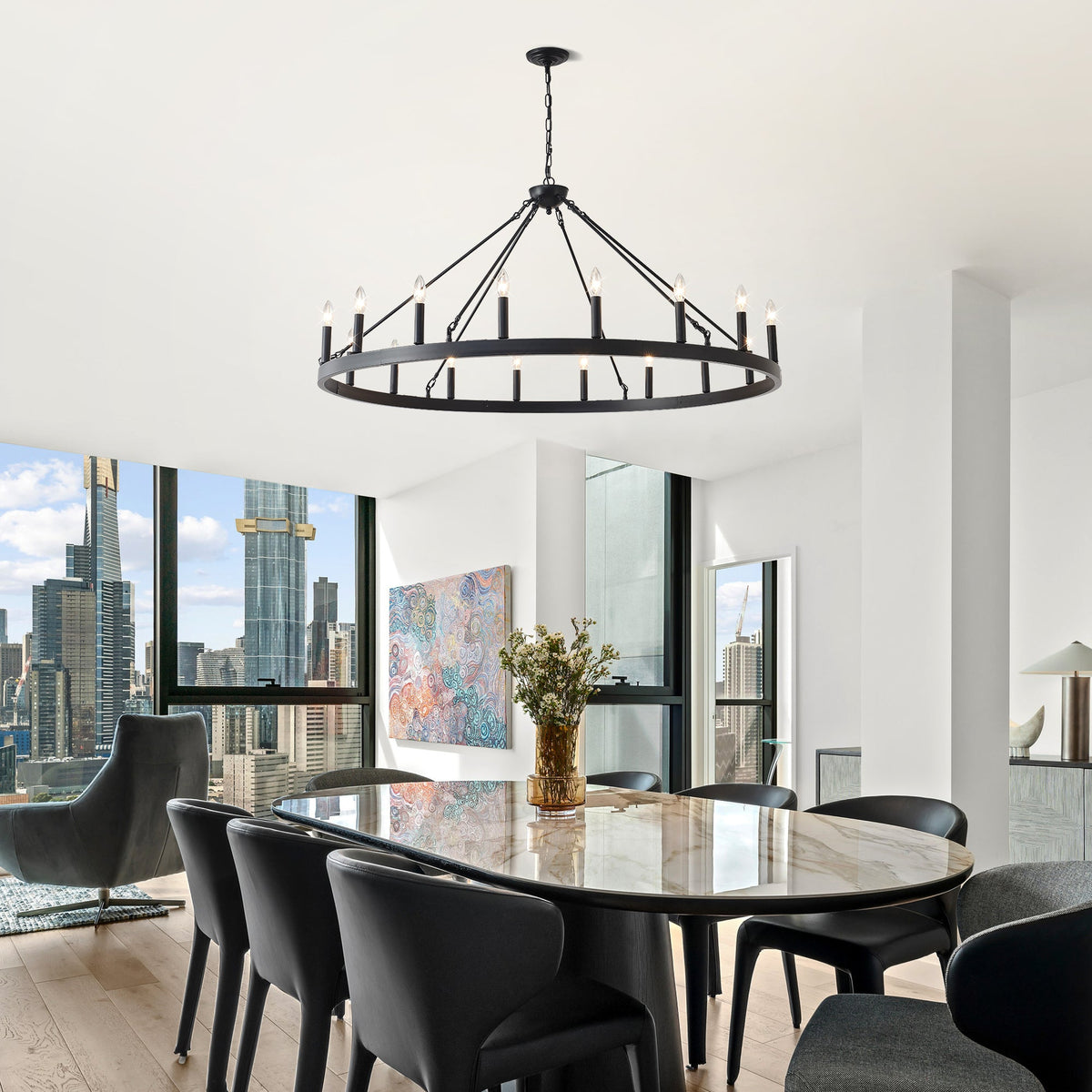 Matte Black Wagon Wheel Chandelier with 18 Lights – 53.15-Inch