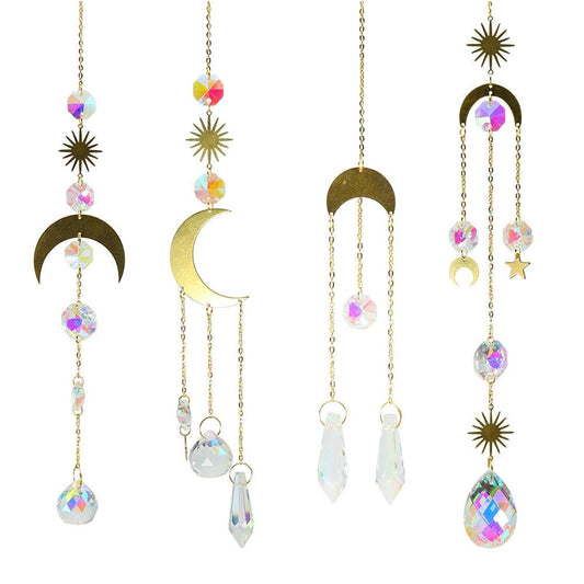 Metallic Hoop Moon Sun Wind Chimes Crystals Sun-catcher Ornament With Chakra Energy K9 Crystal Ball Prisms Hanging Rainbow Chaser Window Curtains Pendant Home Decor Gifts