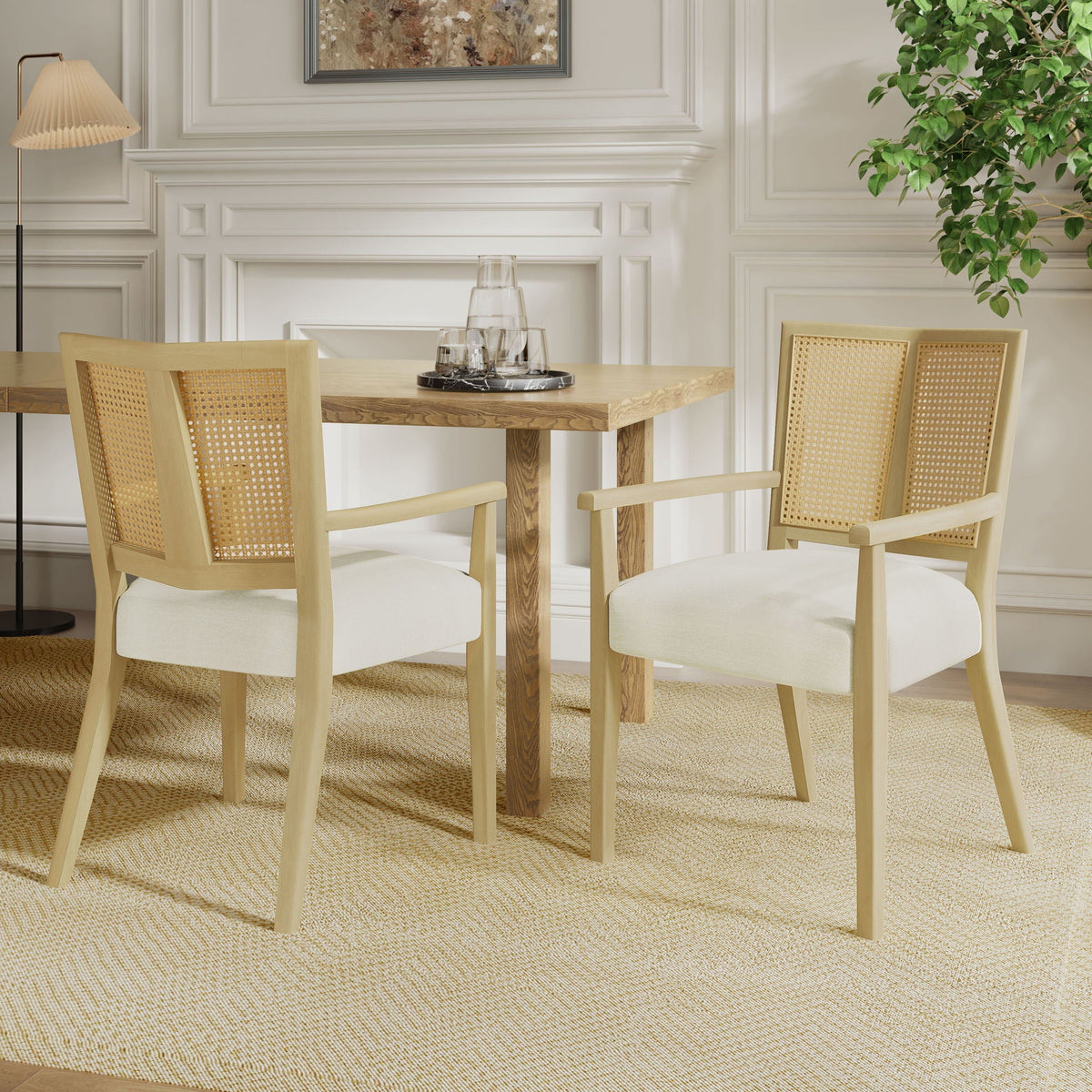 Mid Century Modern Arm Dining Chairs with Rattan Backrest - Dark Brown or Light Brown