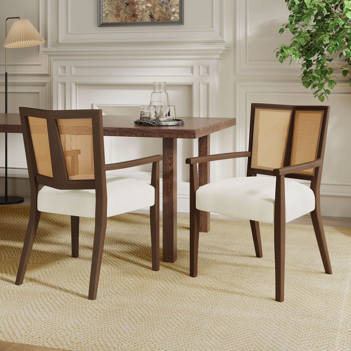 Mid Century Modern Arm Dining Chairs with Rattan Backrest - Dark Brown or Light Brown