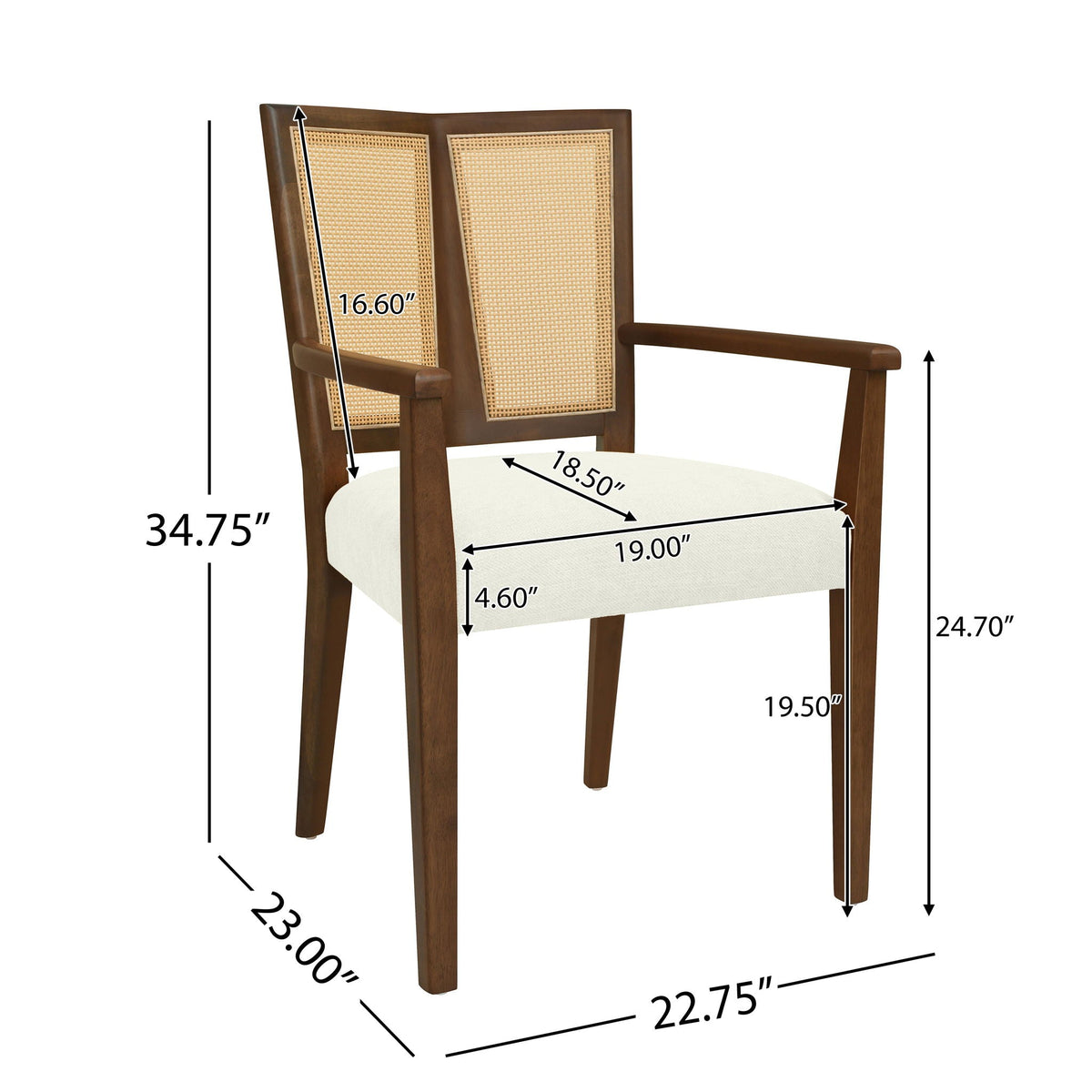 Mid Century Modern Arm Dining Chairs with Rattan Backrest - Dark Brown or Light Brown