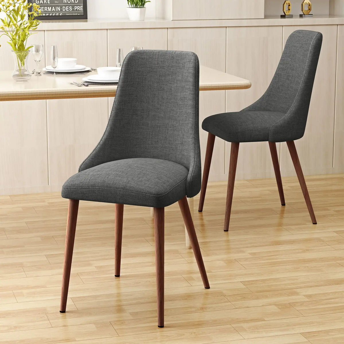 Mid Century Modern Fabric Armless Dining Chair with Wood Frame – Light Brown or Dark Gray