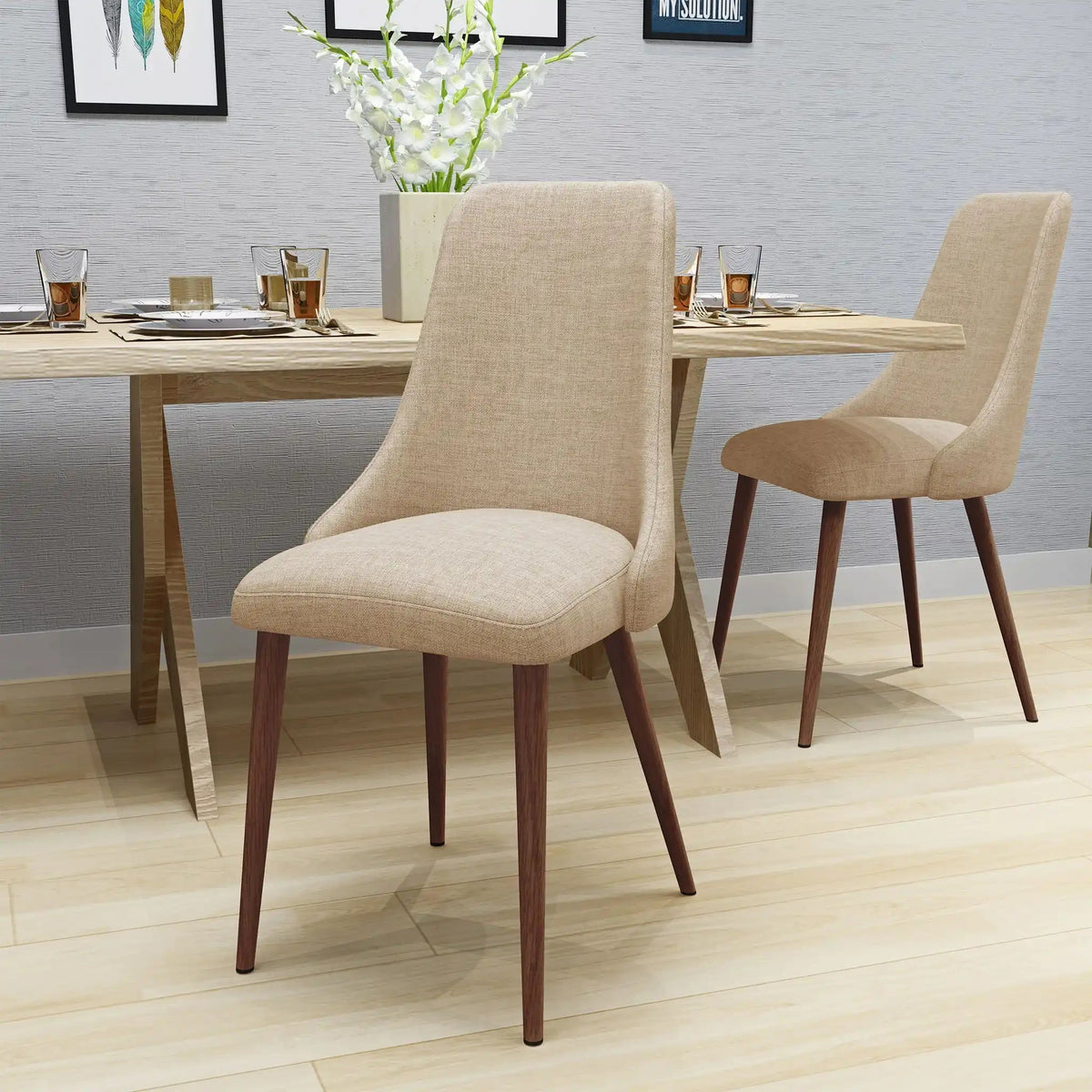 Mid Century Modern Fabric Armless Dining Chair with Wood Frame – Light Brown or Dark Gray