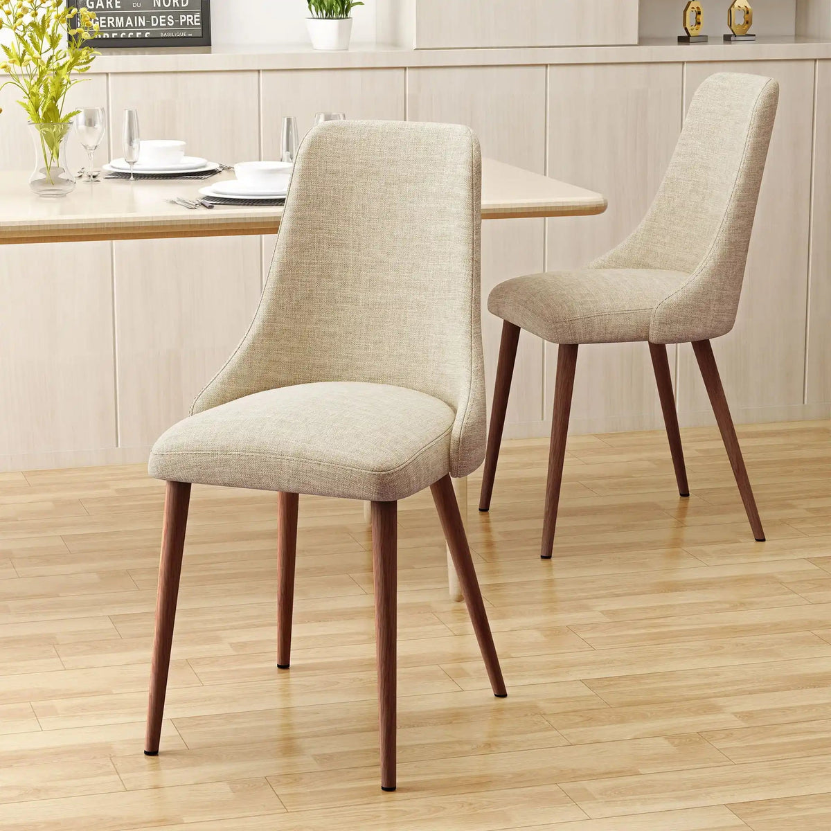 Mid Century Modern Fabric Armless Dining Chair with Wood Frame – Light Brown or Dark Gray