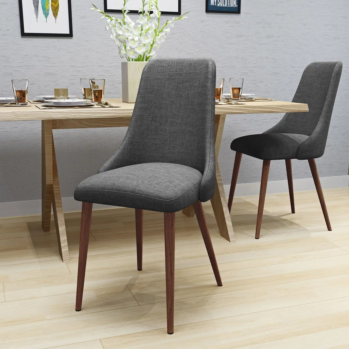 Mid Century Modern Fabric Armless Dining Chair with Wood Frame – Light Brown or Dark Gray