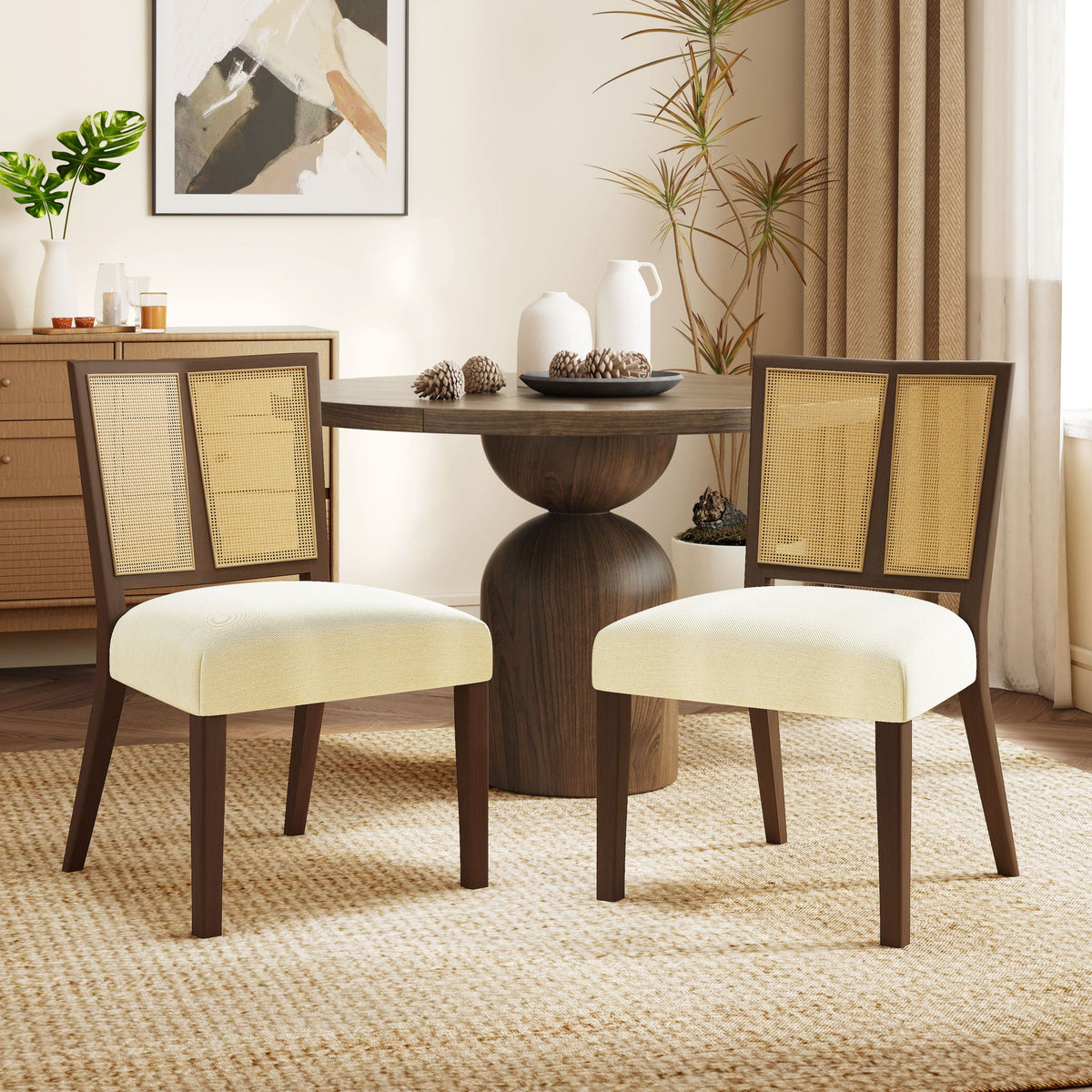 Mid Century Rattan Dining Chair Set with Rattan Backrest - Available in 3 Colors