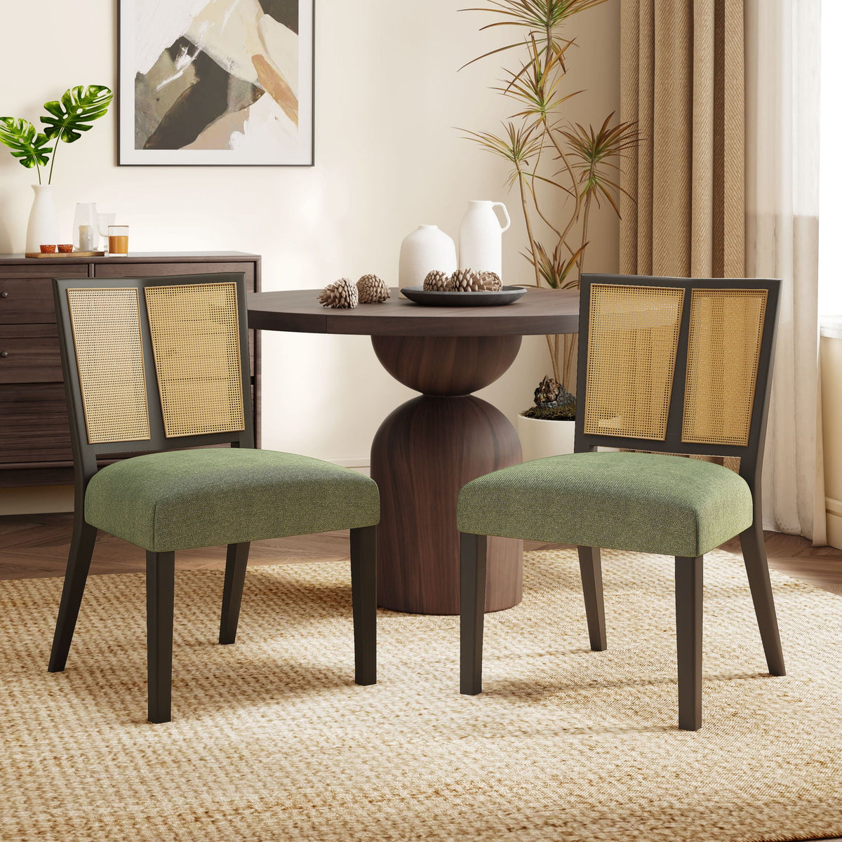 Mid Century Rattan Dining Chair Set with Rattan Backrest - Available in 3 Colors