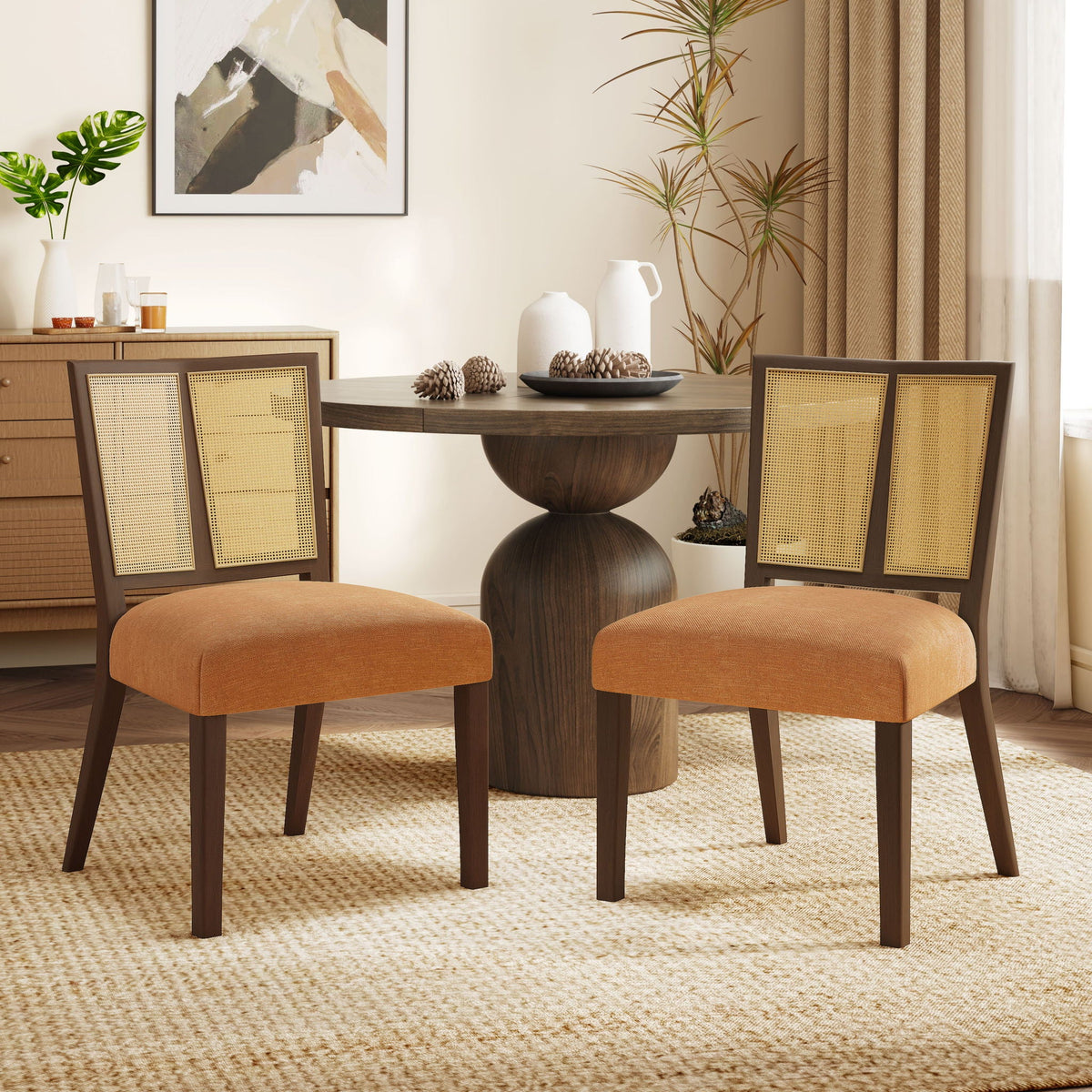Mid Century Rattan Dining Chair Set with Rattan Backrest - Available in 3 Colors