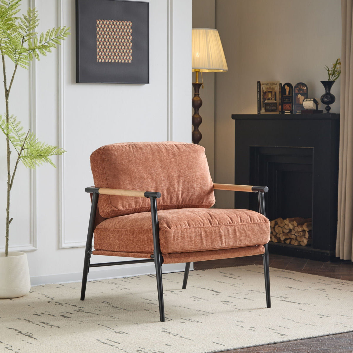 Modern Accent Chair with Plush Cushions and Wooden Armrests - Available in Multiple Colors