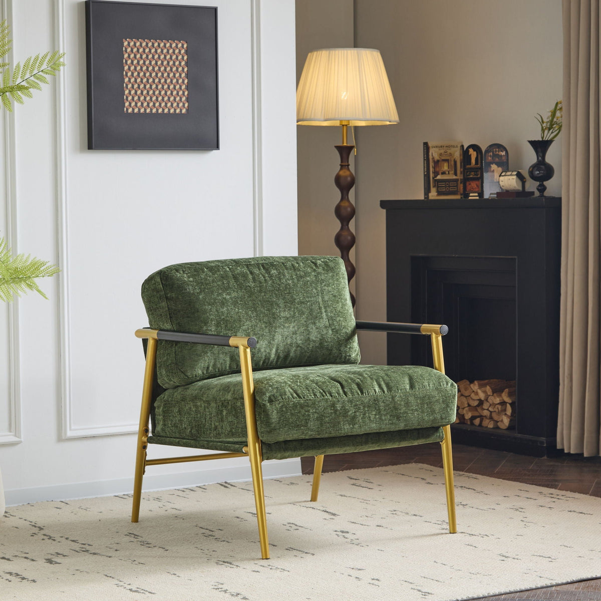 Modern Accent Chair with Plush Cushions and Wooden Armrests - Available in Multiple Colors