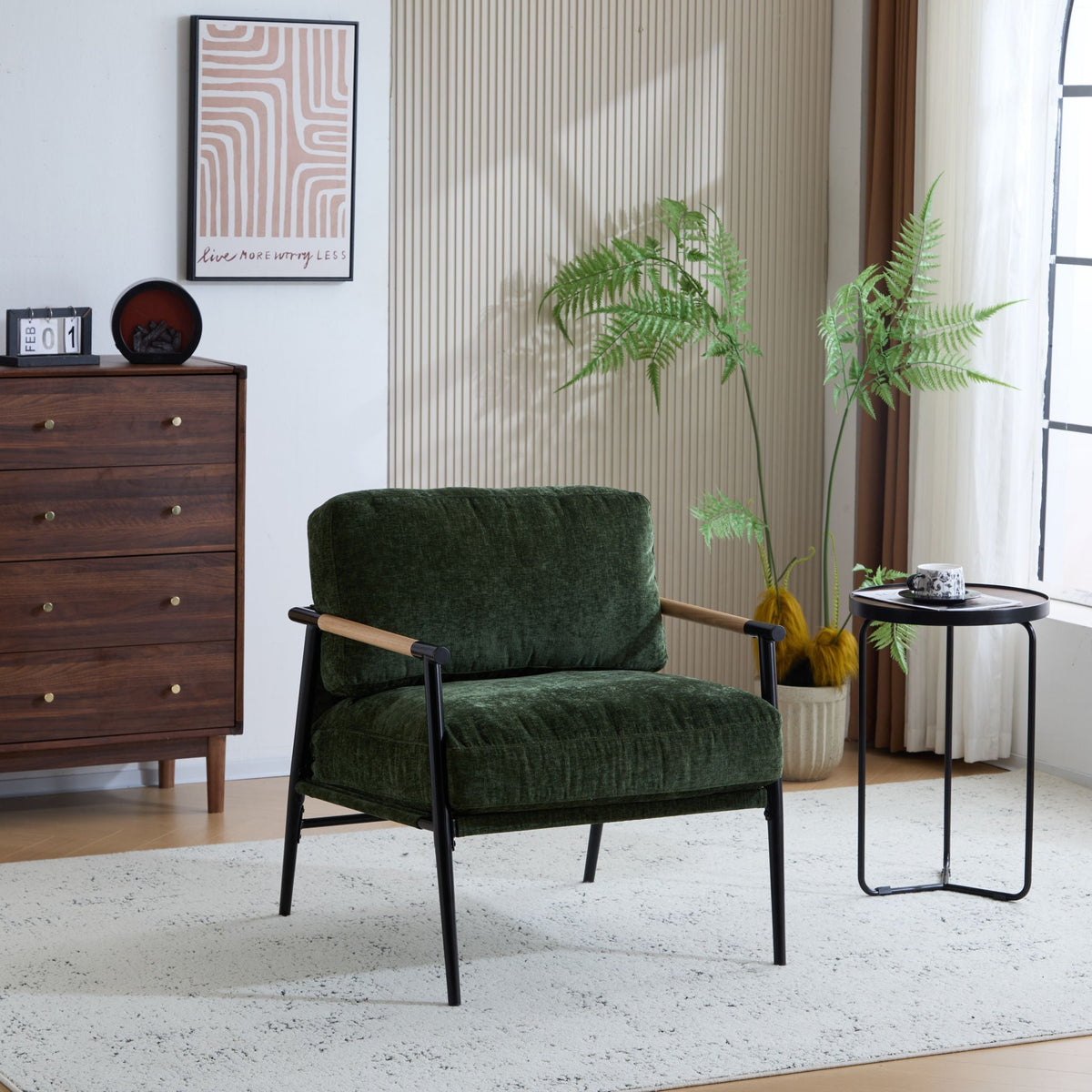 Modern Accent Chair with Plush Cushions and Wooden Armrests - Available in Multiple Colors