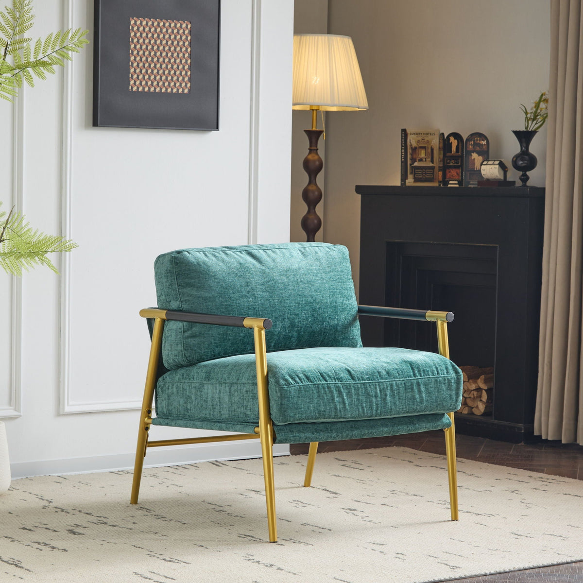 Modern Accent Chair with Plush Cushions and Wooden Armrests - Available in Multiple Colors