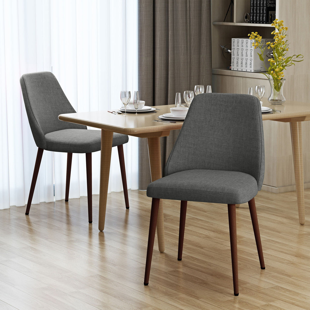 Modern Dining Chair with Iron Legs and Wood Finish - Dark Gray or Light Brown