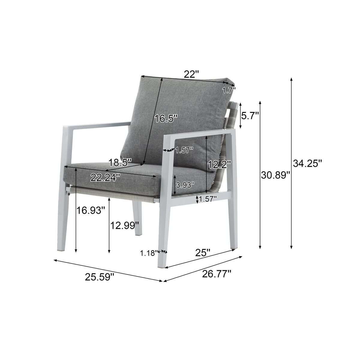 Modern Lounge Chair with Rope Accents and Cushions - White or Dark Gray