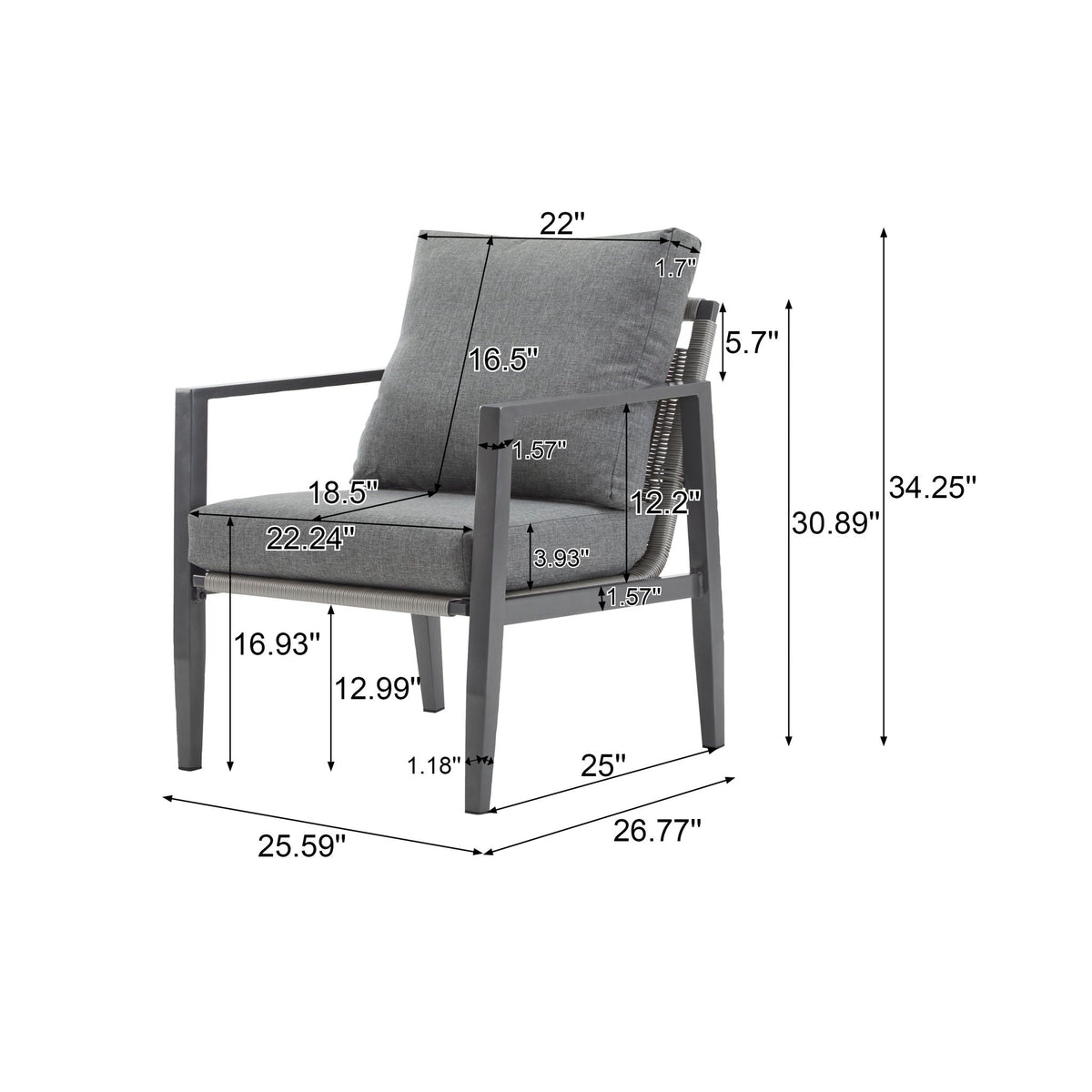 Modern Lounge Chair with Rope Accents and Cushions - White or Dark Gray