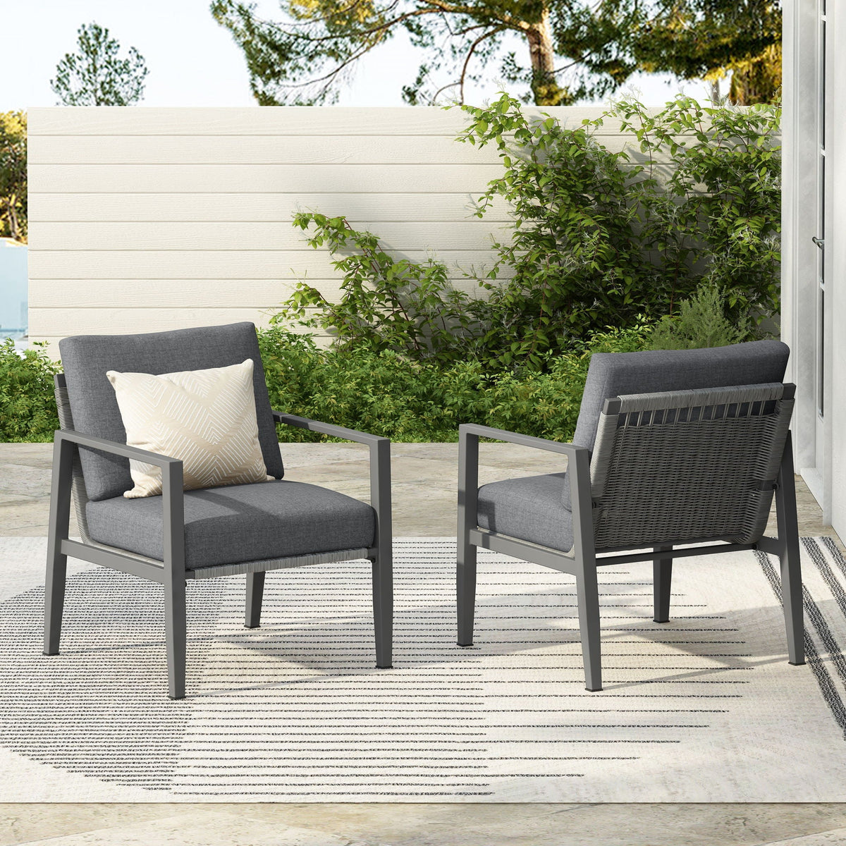Modern Lounge Chair with Rope Accents and Cushions - White or Dark Gray