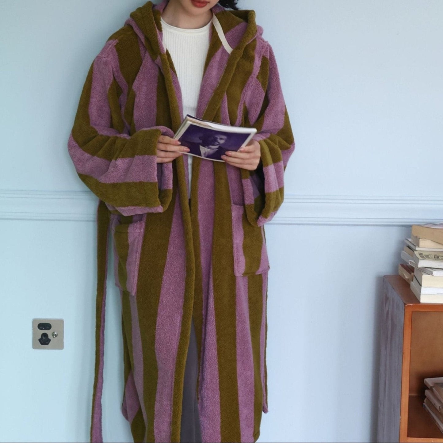 Modern Striped Cotton Bathrobe Set / Purple