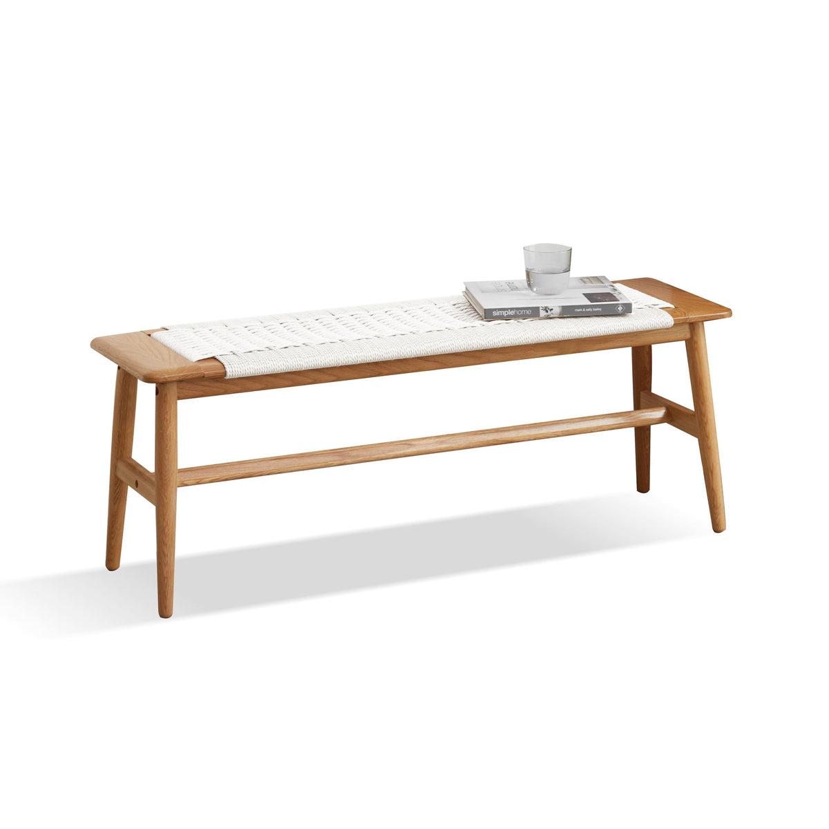 Natural Oak Wood Dining Bench with Handwoven Cane Seat - White