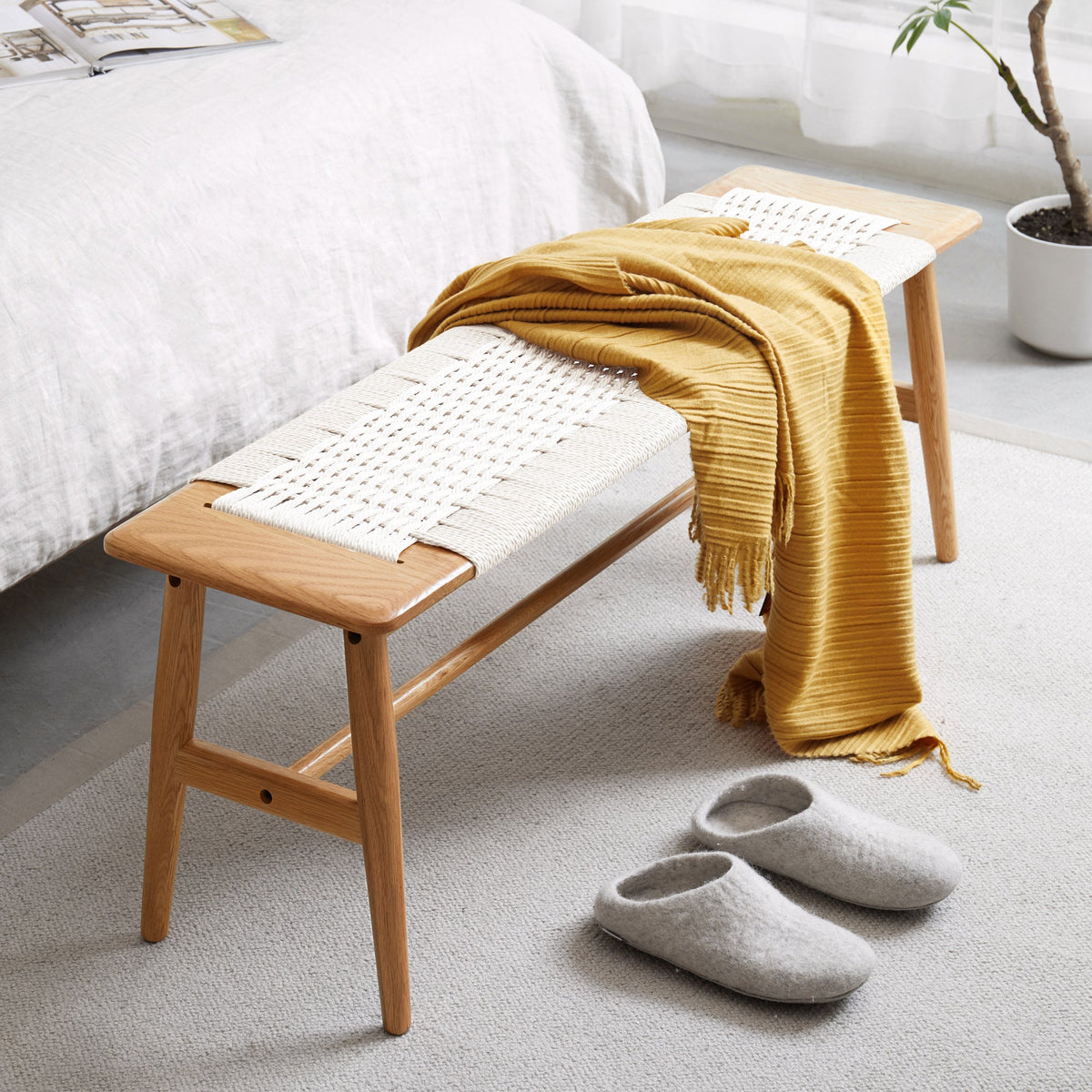 Natural Oak Wood Dining Bench with Handwoven Cane Seat - White
