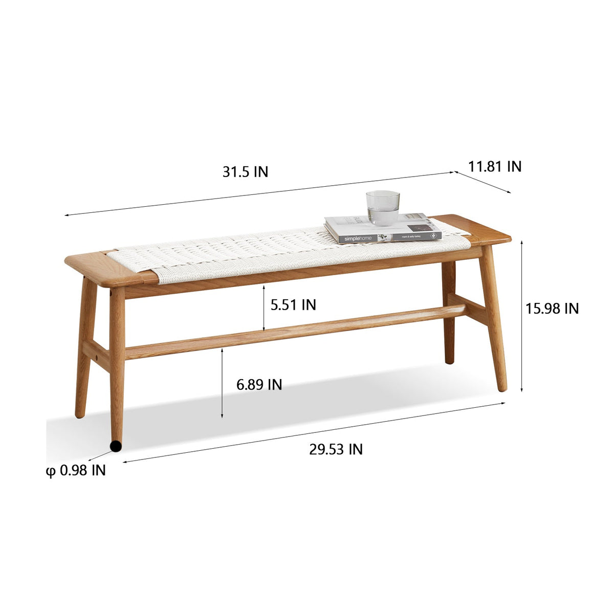 Natural Oak Wood Dining Bench with Handwoven Cane Seat - White
