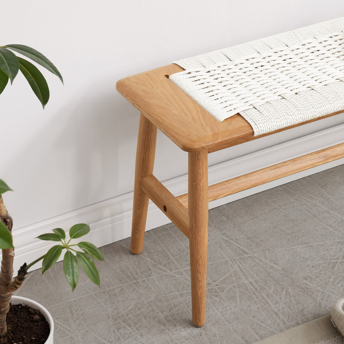 Natural Oak Wood Dining Bench with Handwoven Cane Seat - White
