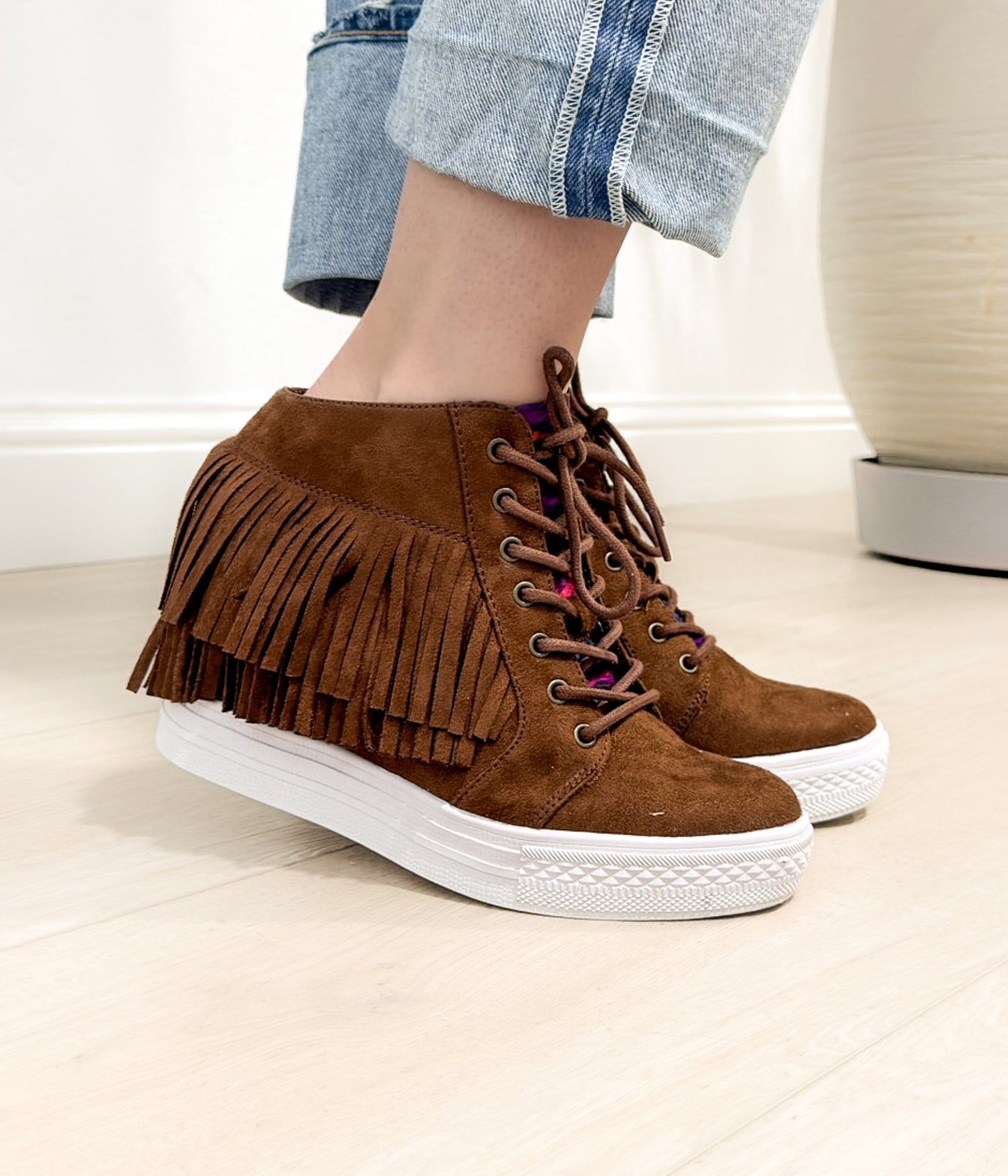 Nick Fringe Sneaker Wedge in Brown