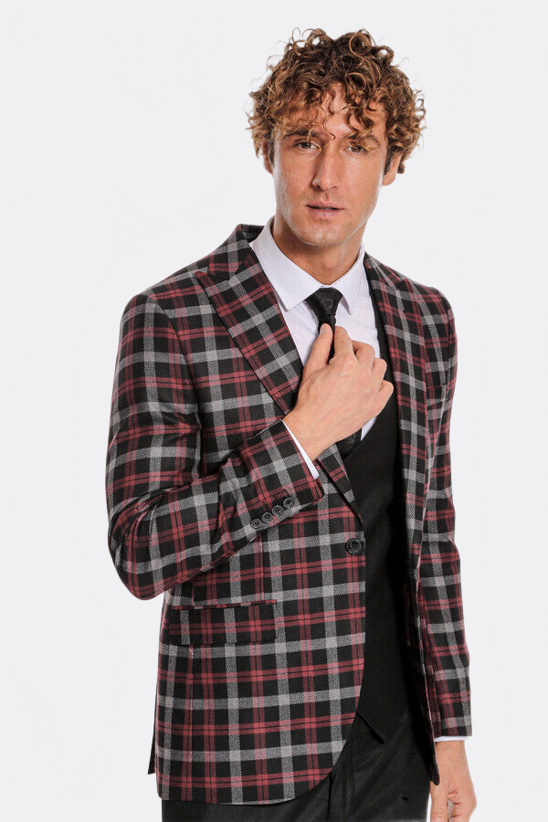 Burgundy Checked Blazer Slim Fit Black Men Suit - Wessi