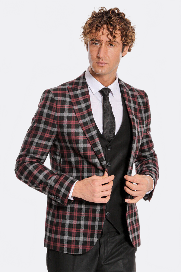 Burgundy Checked Blazer Slim Fit Black Men Suit - Wessi