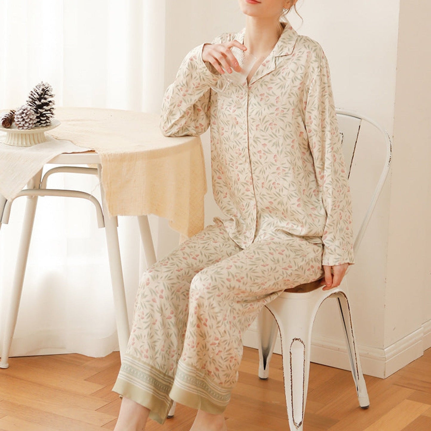 Pastoral Floral Long-Sleeve Long-Pants Pajama Set