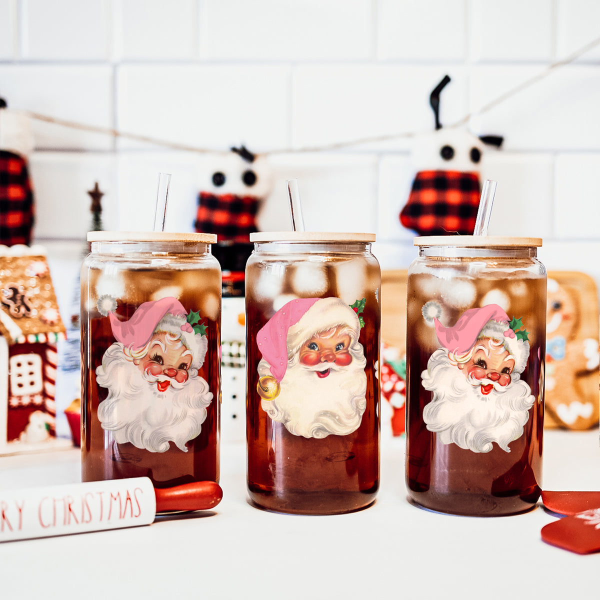 Vintage Pink Santa Tumbler Glass 17oz