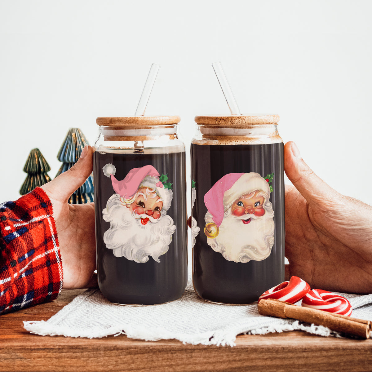 Vintage Pink Santa Tumbler Glass 17oz