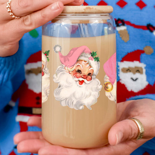 Vintage Pink Santa Tumbler Glass 17oz