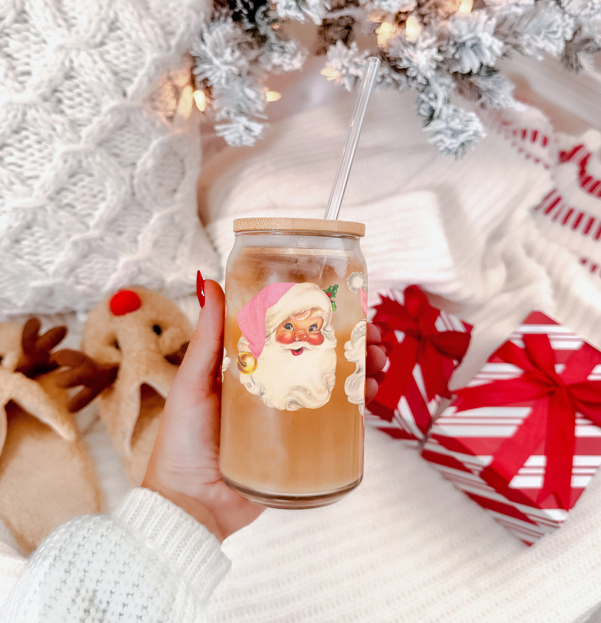 Vintage Pink Santa Tumbler Glass 17oz