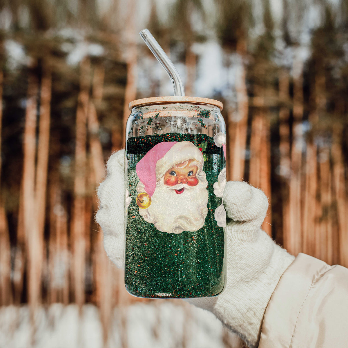 Vintage Pink Santa Tumbler Glass 17oz