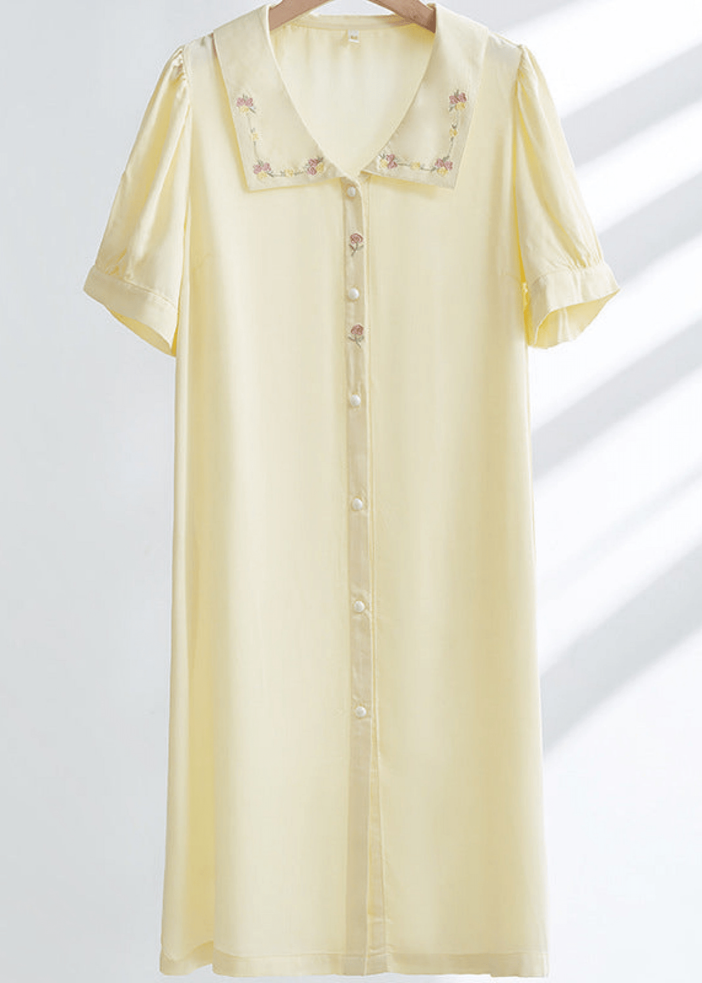 Silky Rose Cream Yellow Embroidered Nightgown Dress