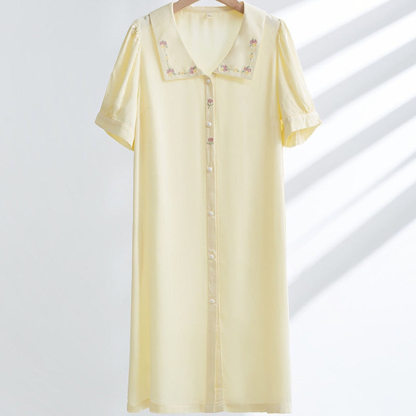 Silky Rose Cream Yellow Embroidered Nightgown Dress