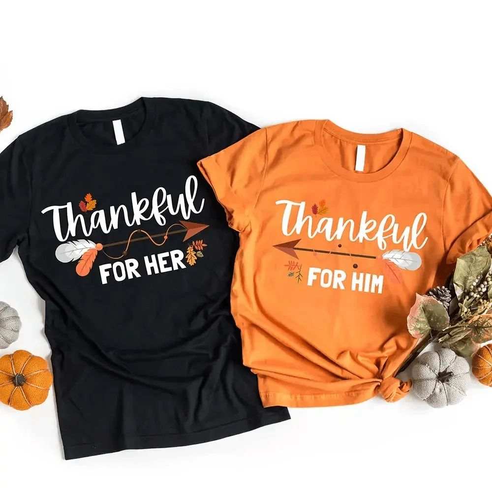 Thankful For Her/Him Thanksgiving Couple T-Shirt – Cute Matching Holiday Tees