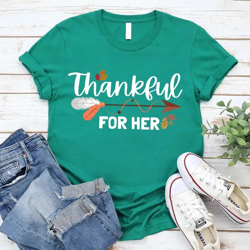 Thankful For Her/Him Thanksgiving Couple T-Shirt – Cute Matching Holiday Tees