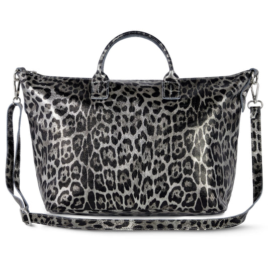 Leopard Metallic Suede Leather Top-Handle Bag